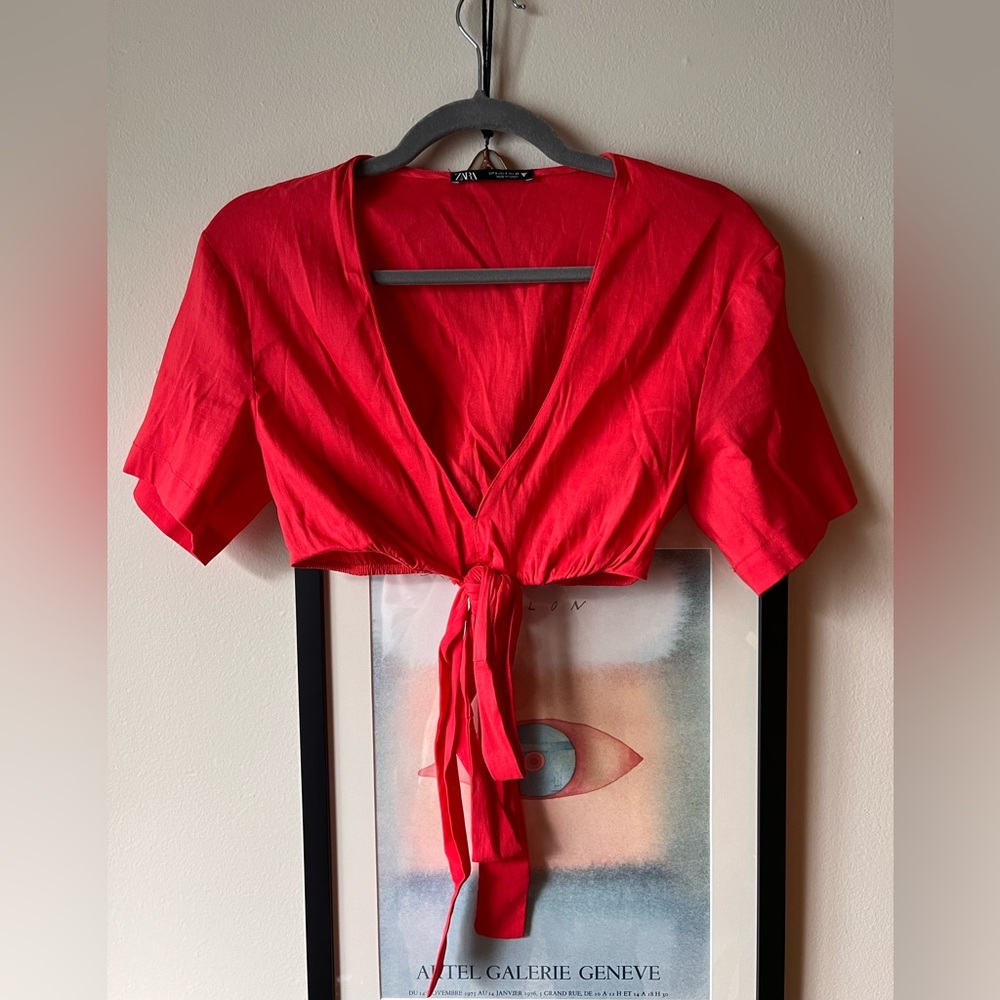 Zara short sleeve super crop tie blouse